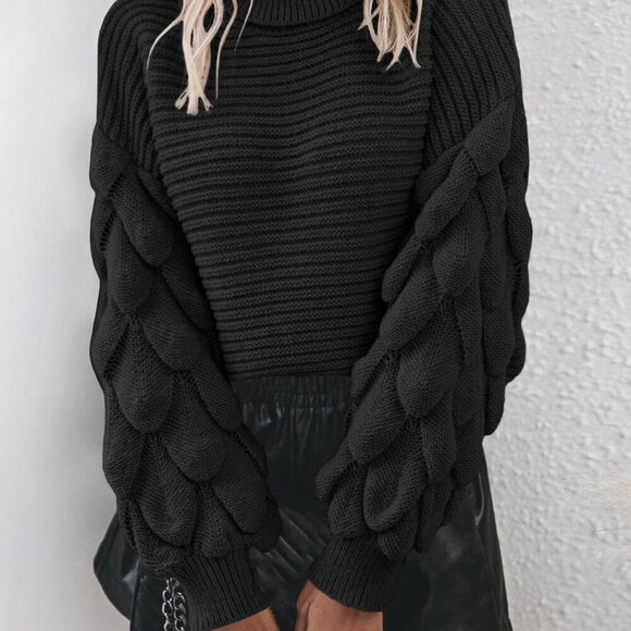 Black Casual Women's Turtleneck Drop Shoulder Sweater - Picture 3 of 5